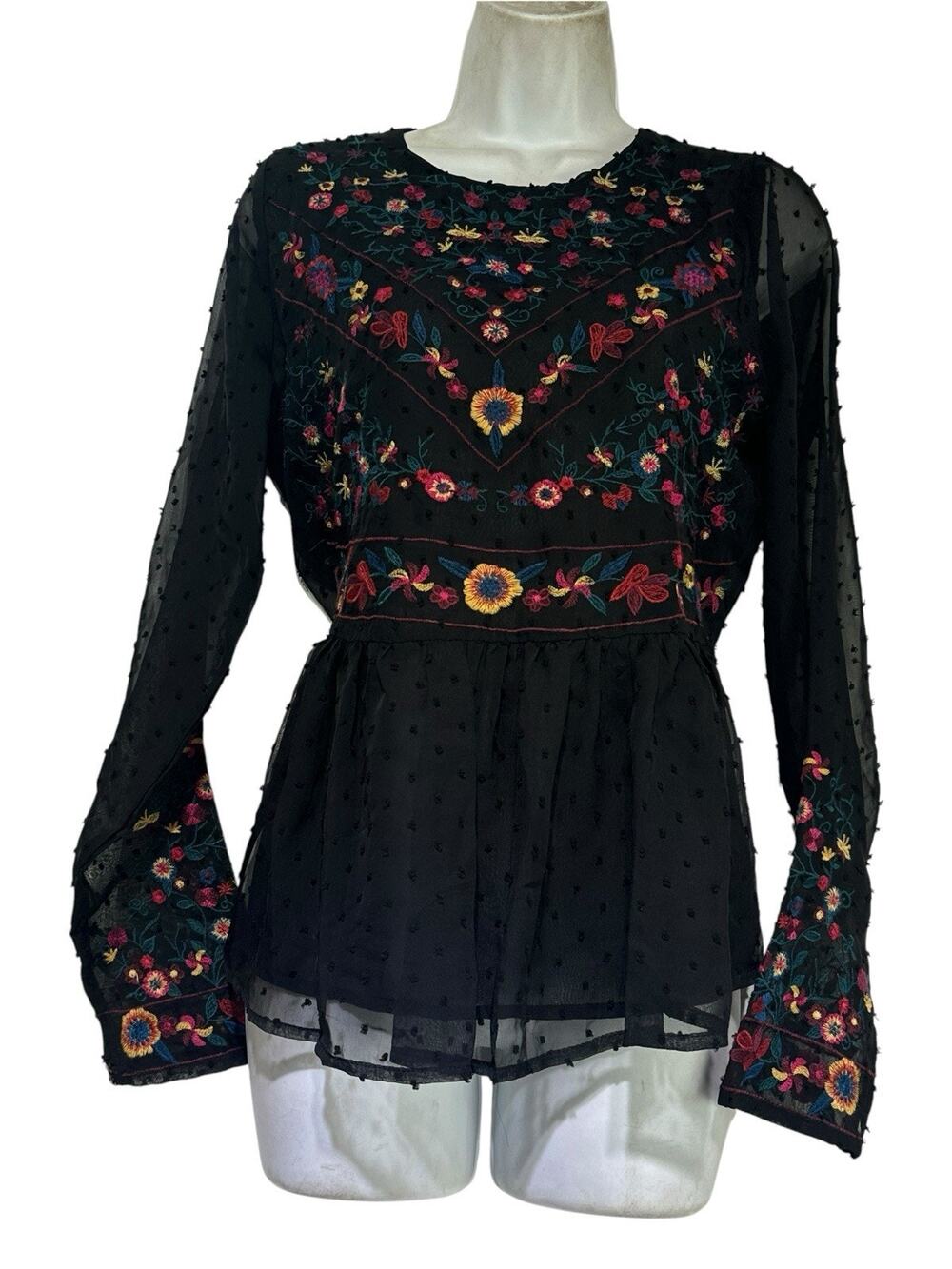 Allison Swiss Dot Floral Embroidered Black Chiffon Peplum Top Women's Size M